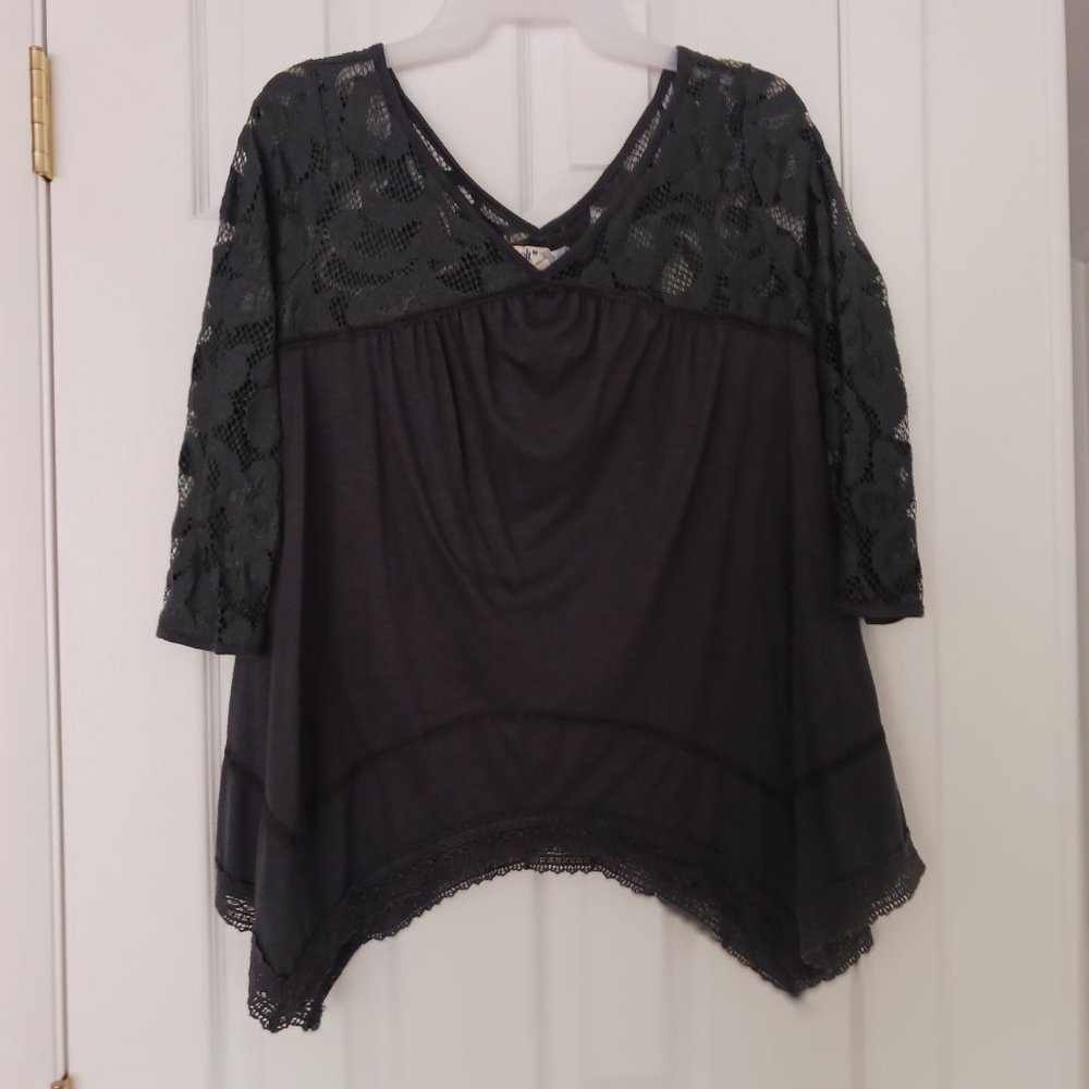 Jolt Womens Charcoal Gray Lace Accent Baby Doll Top Size Medium